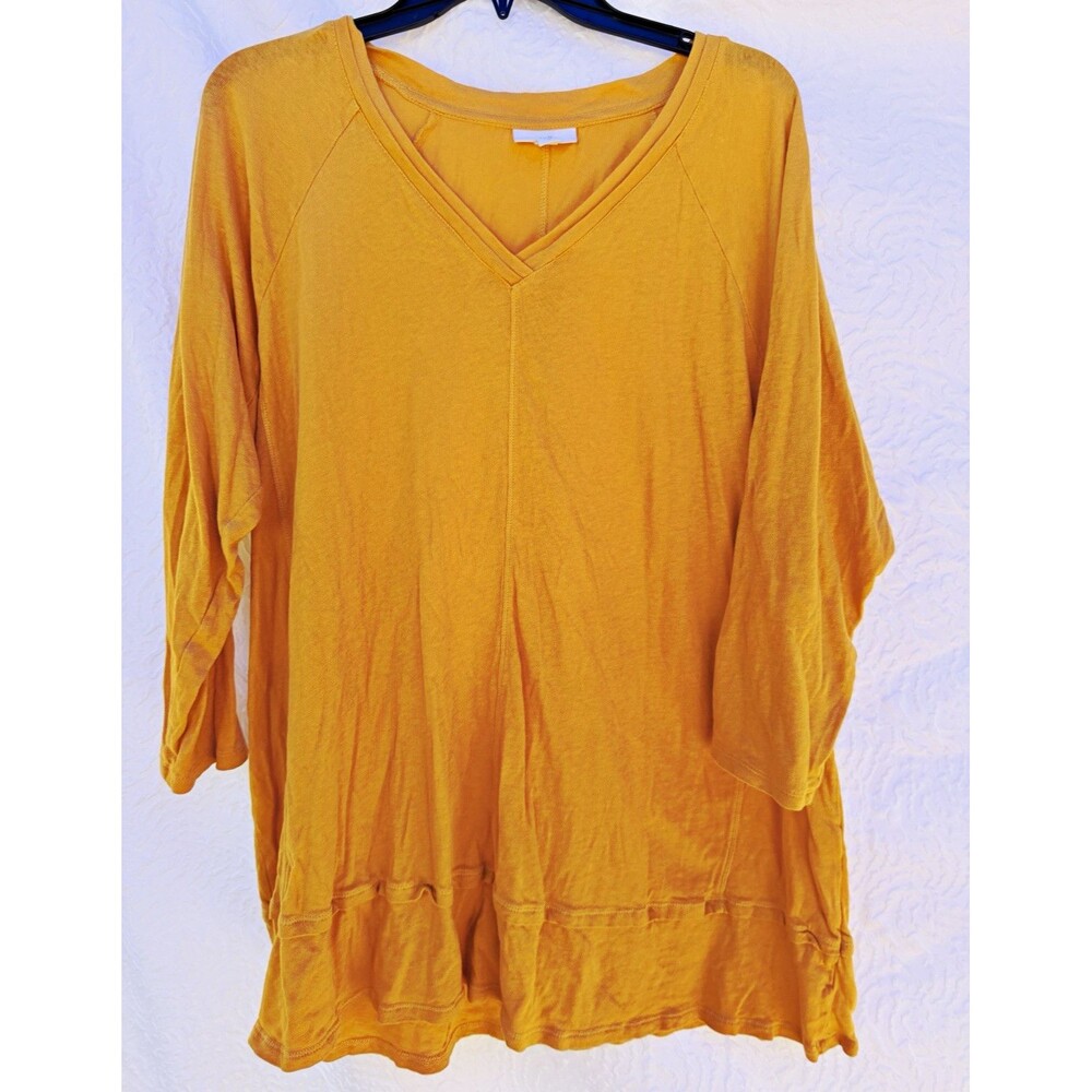 J. Jill Womens XL Yellow Solid V-Neck 3/4 Sleeve Knit Cotton Ruffle Tunic Tee